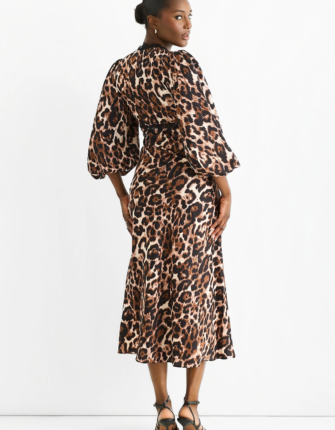 Brown Animal Lace Trim Satin Bias Midi Dress