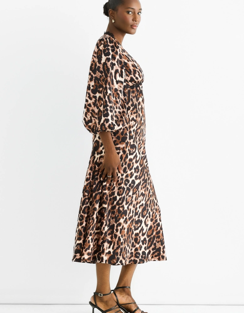 Brown Animal Lace Trim Satin Bias Midi Dress