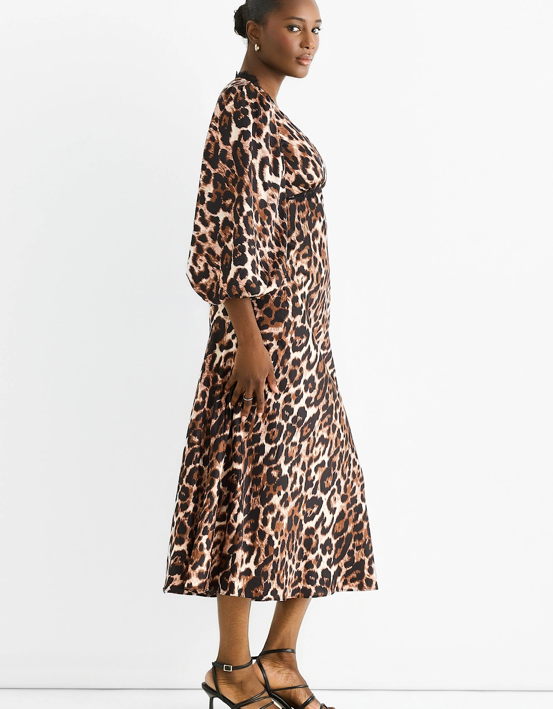 Brown Animal Lace Trim Satin Bias Midi Dress
