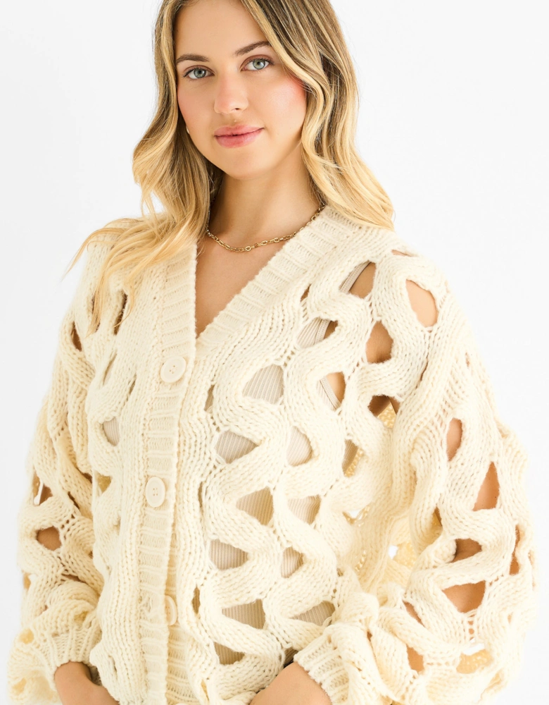 Cream Hollow Chunky Knit Cardigan