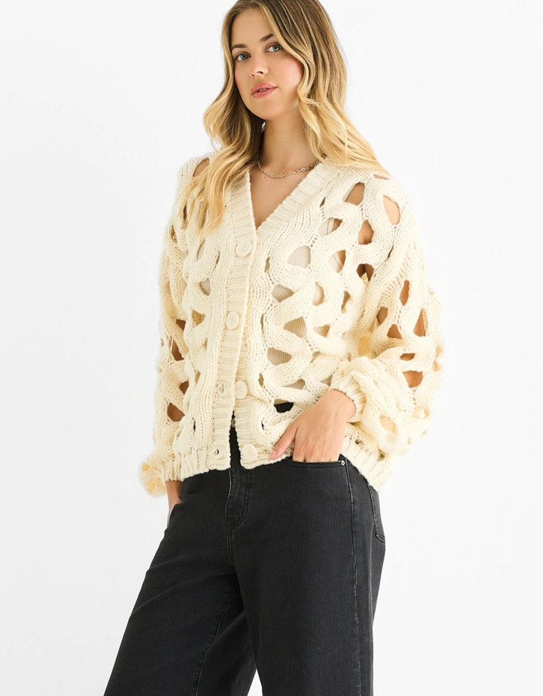 Cream Hollow Chunky Knit Cardigan