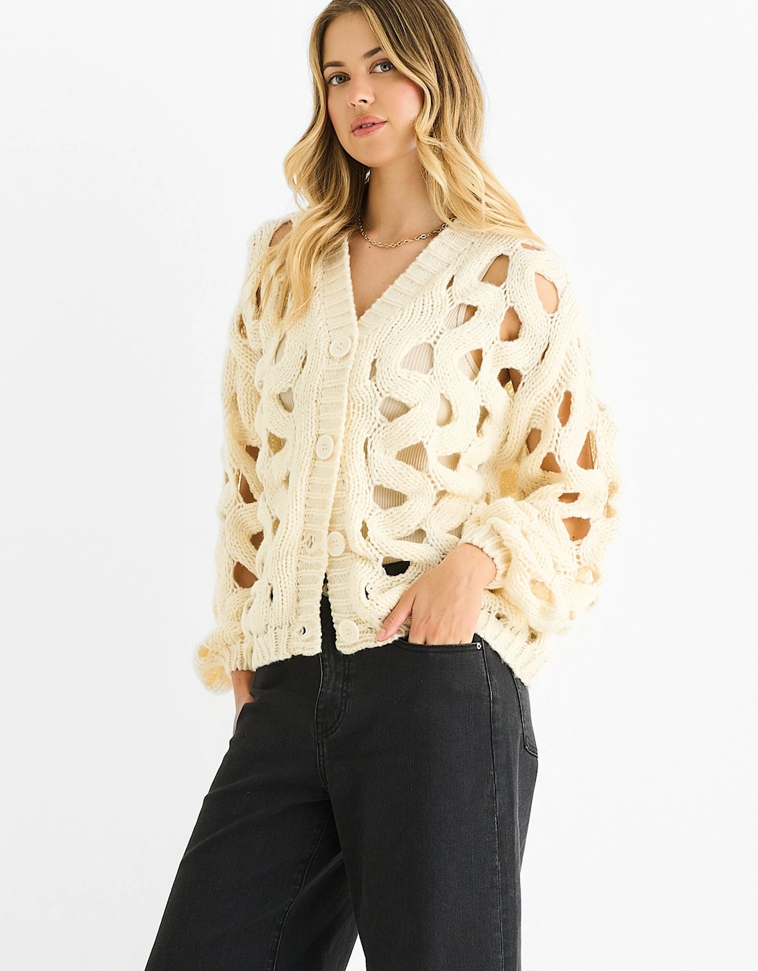 Gini London Women's Cream Hollow Chunky Knit Cardigan - Tan - Size: 8/10