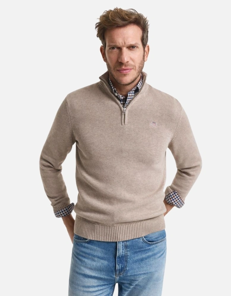 Casual Cotton Half Zip - Dark Sand Melange