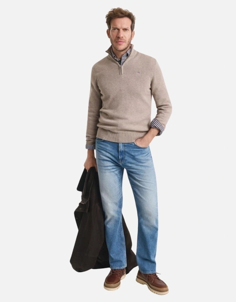 Casual Cotton Half Zip - Dark Sand Melange