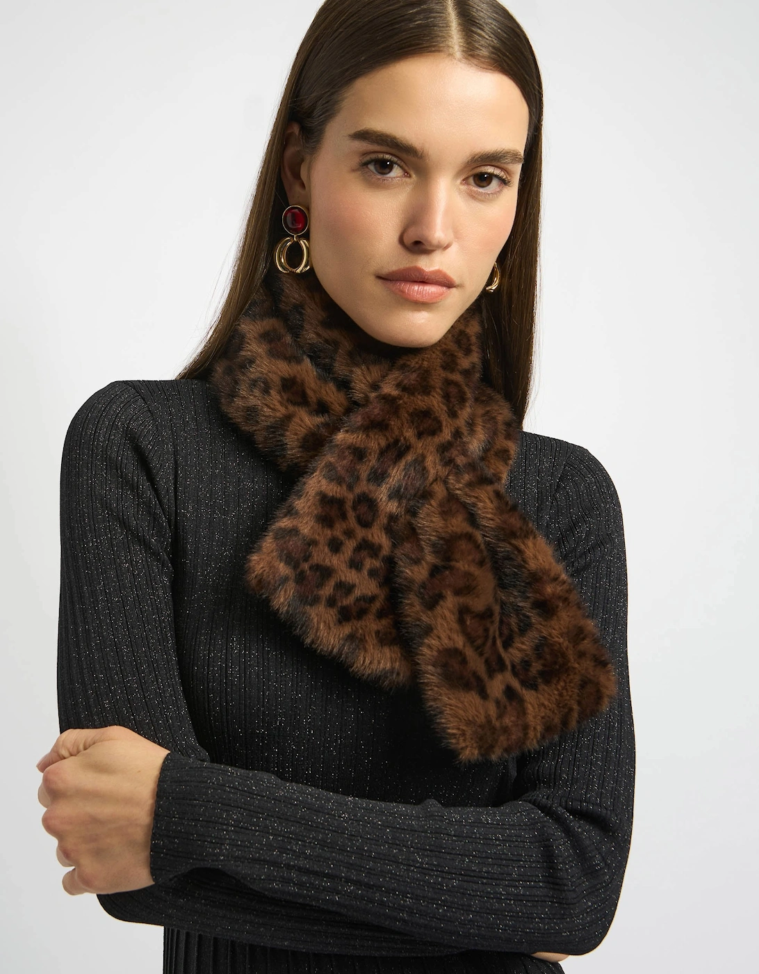 Joseph Ribkoff Faux Fur Leopard Print Pull-Through Scarf - Size: ONE size