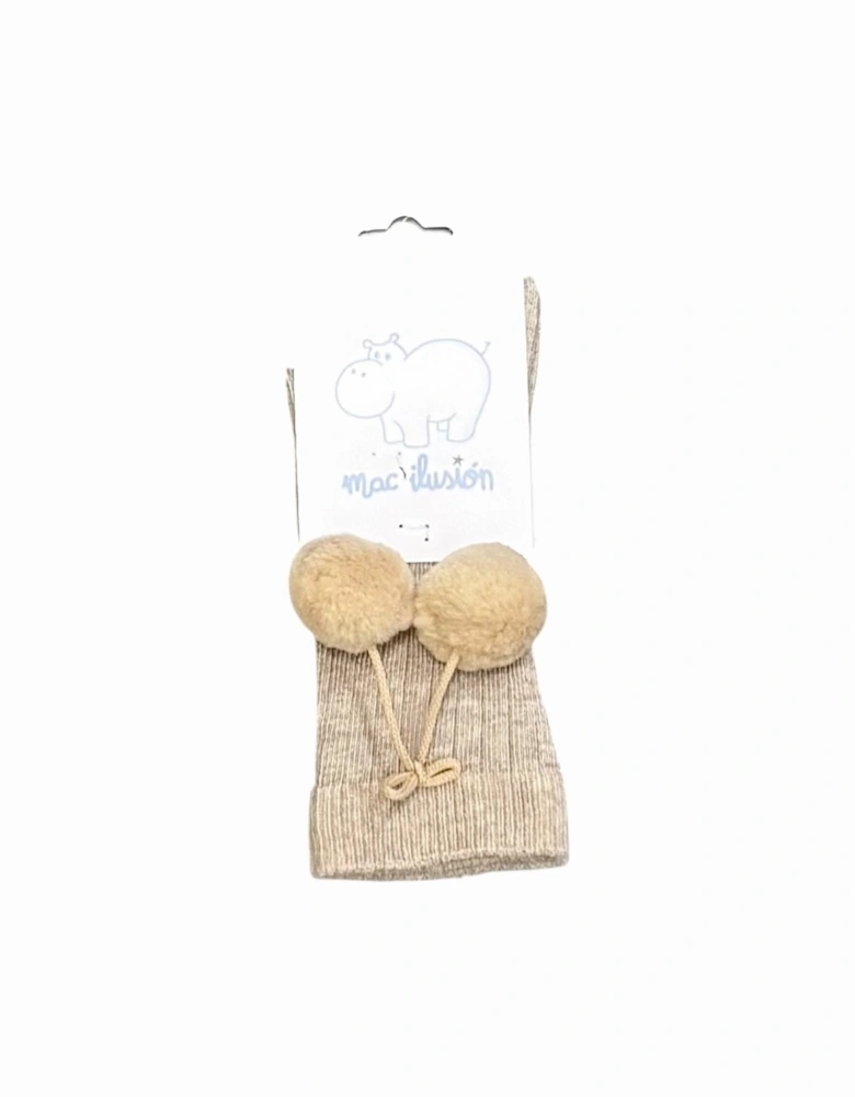 Beige Pom Pom Knee Socks