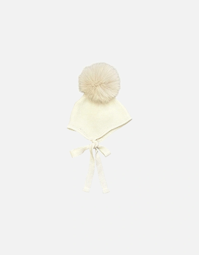 Cream Knit Fur Pom Tie Hat