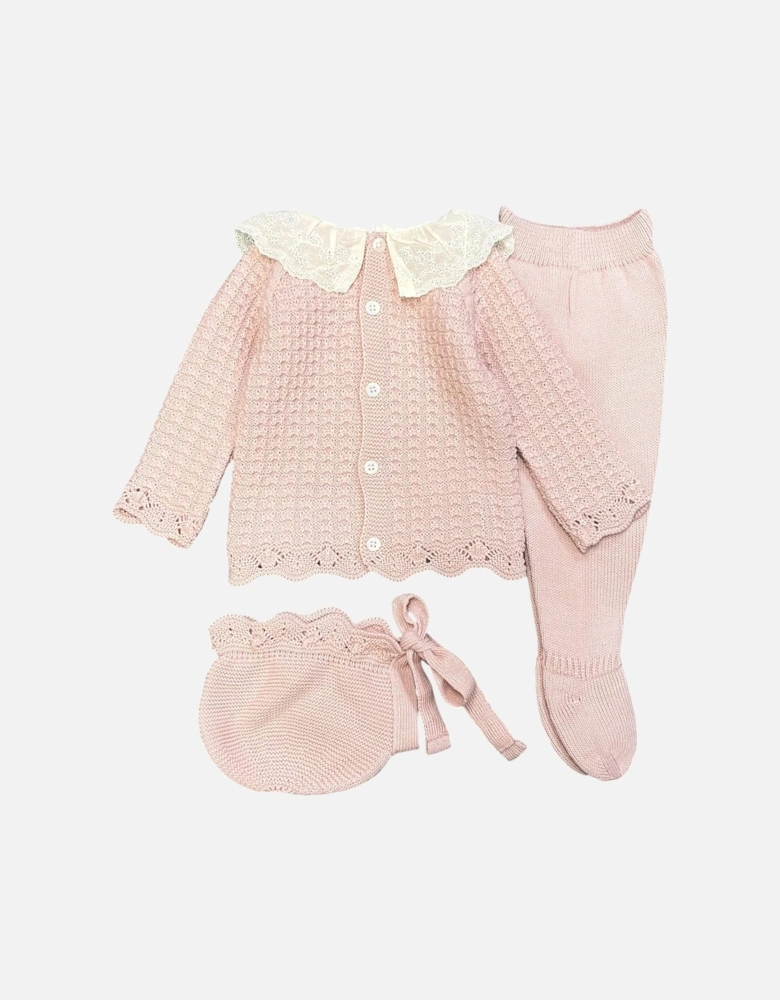 Girls Pale Pink Knit Bonnet Pant Set