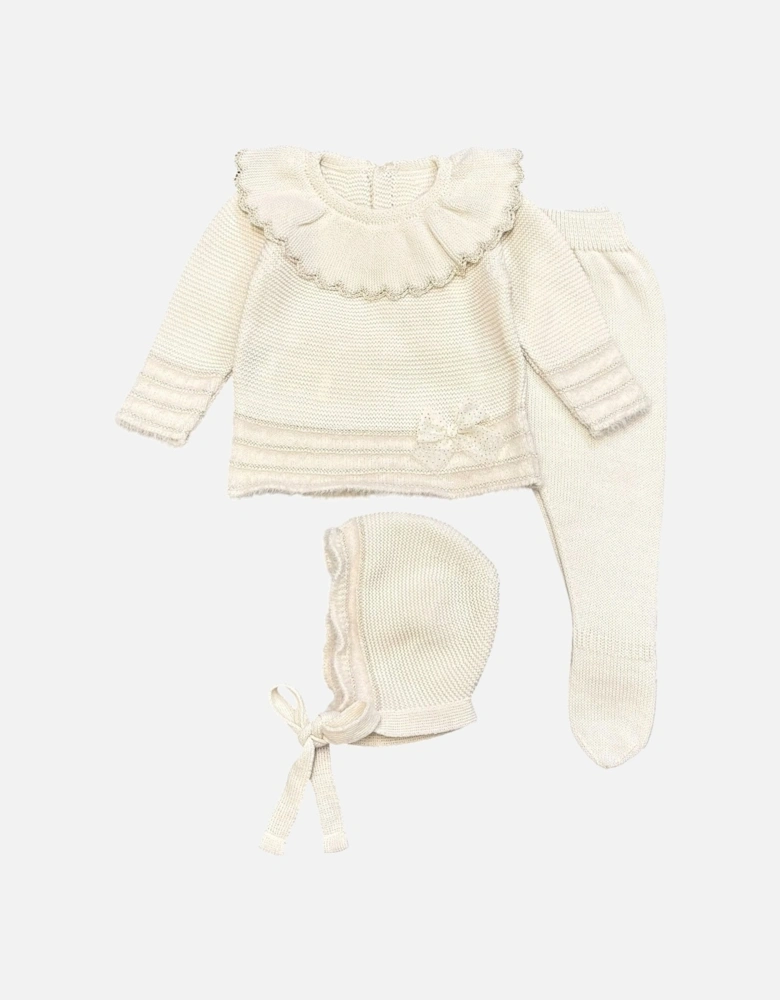 Girls Cream Knit Bonnet Pant Set