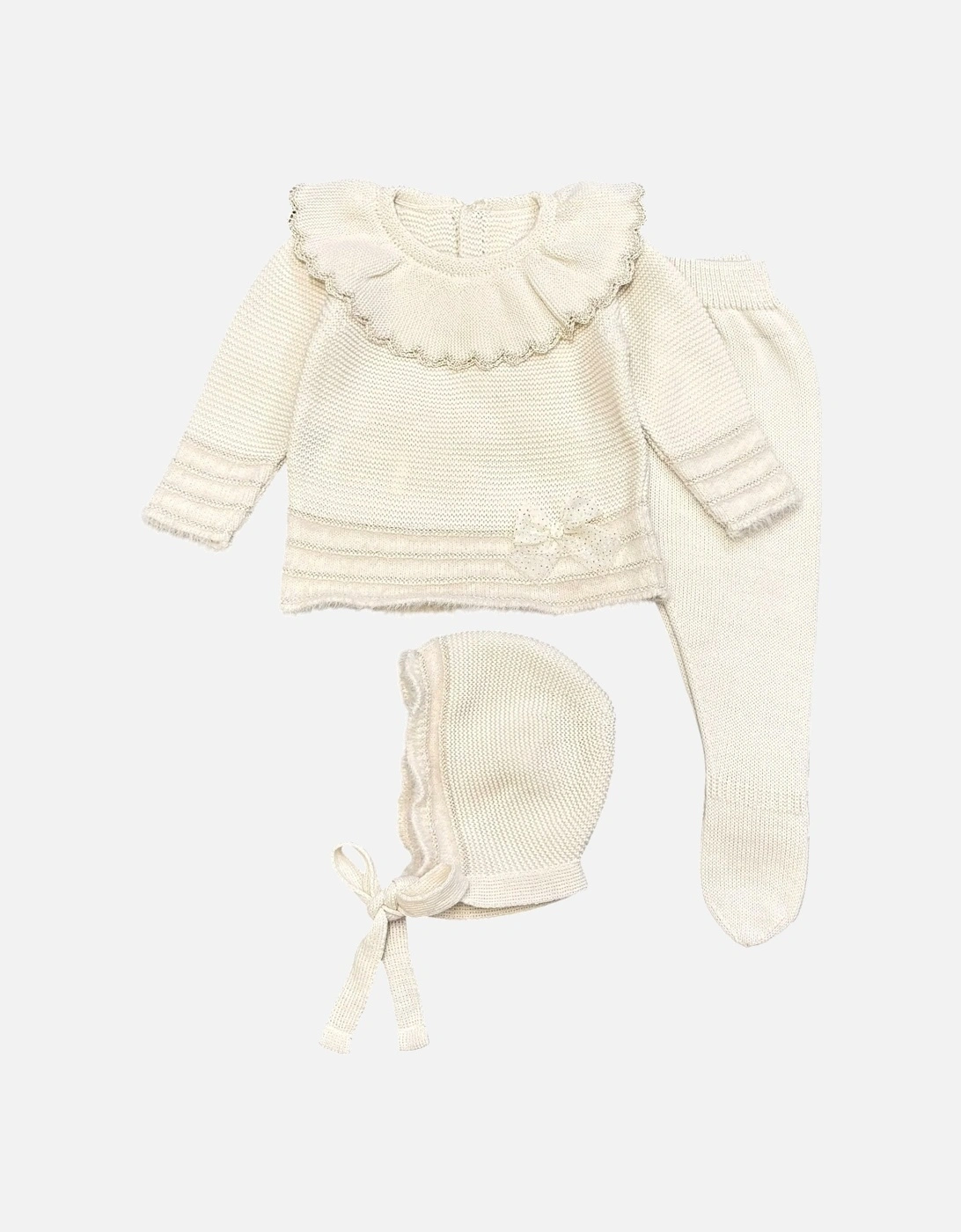 Girls Cream Knit Bonnet Pant Set, 3 of 2