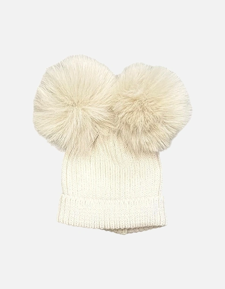 Cream Knit Double Fur Pom Hat