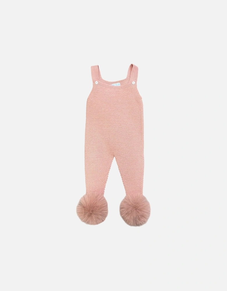 Girls Dusty Pink Knit Fur Pom Dungarees