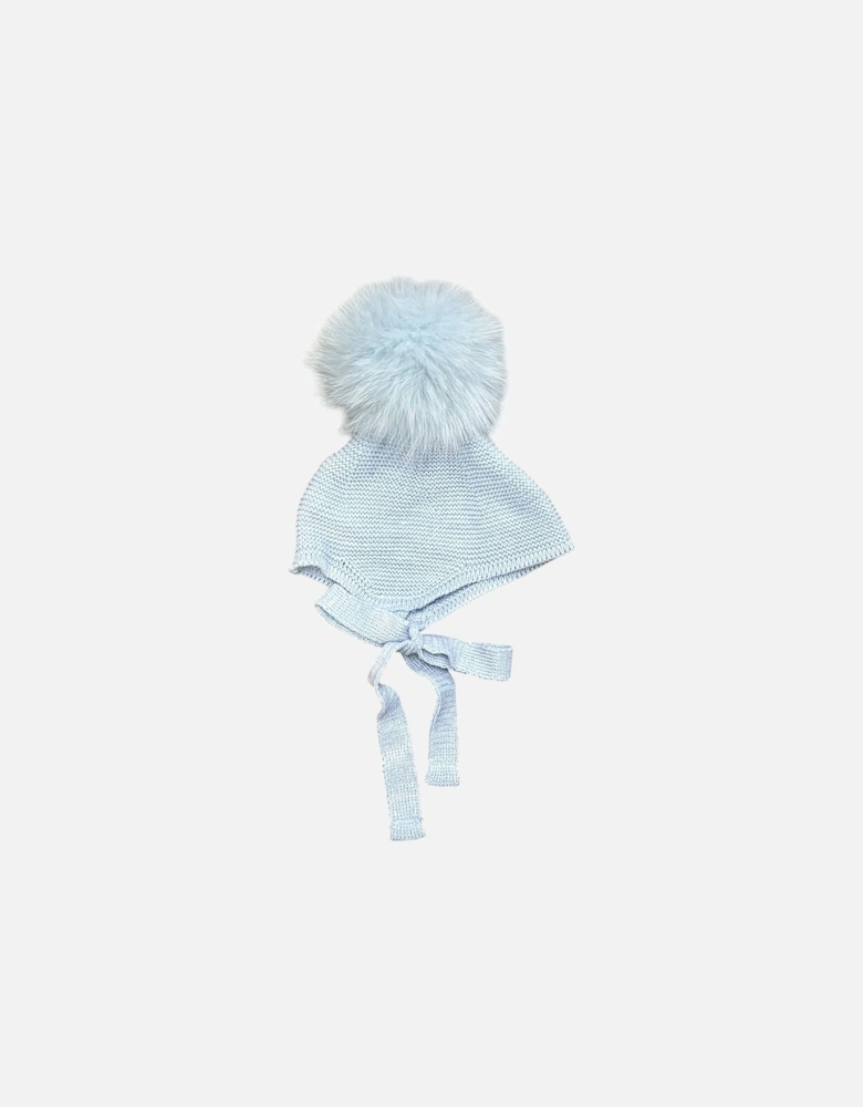 Boys Blue Knit Fur Pom Tie Hat