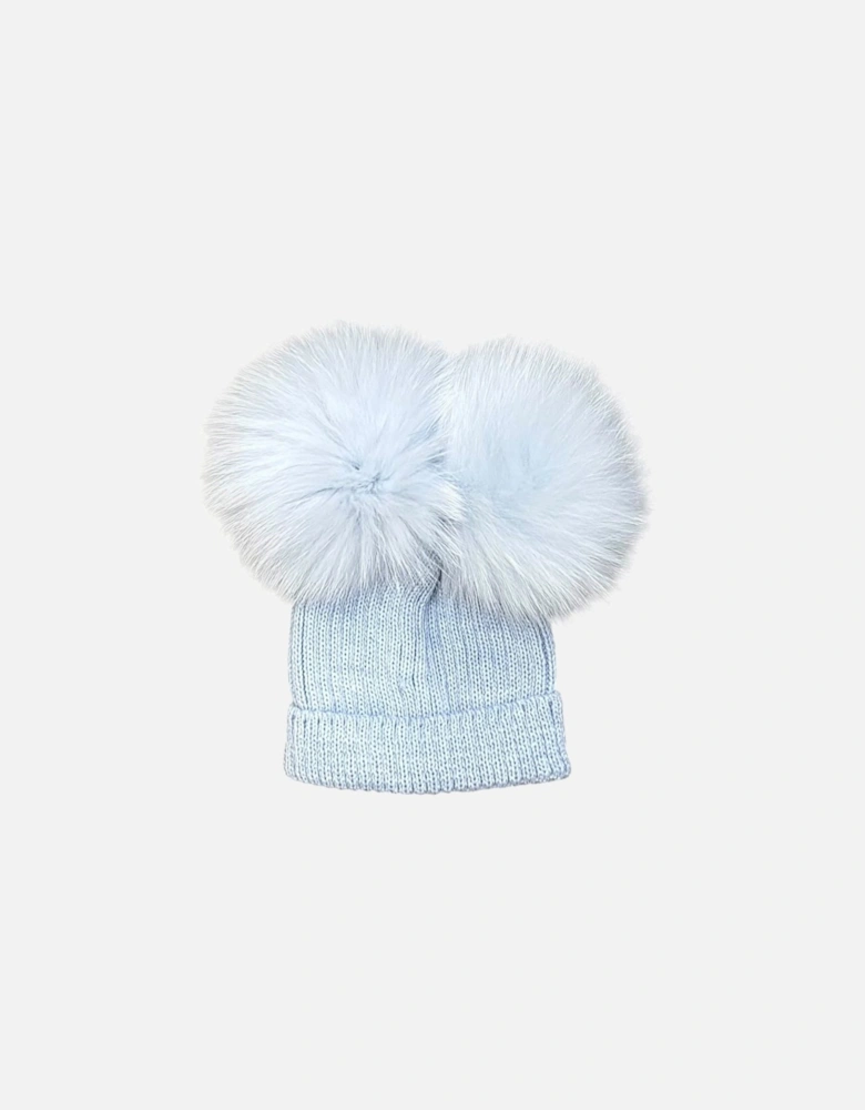 Boys Blue Knit Double Fur Pom Hat