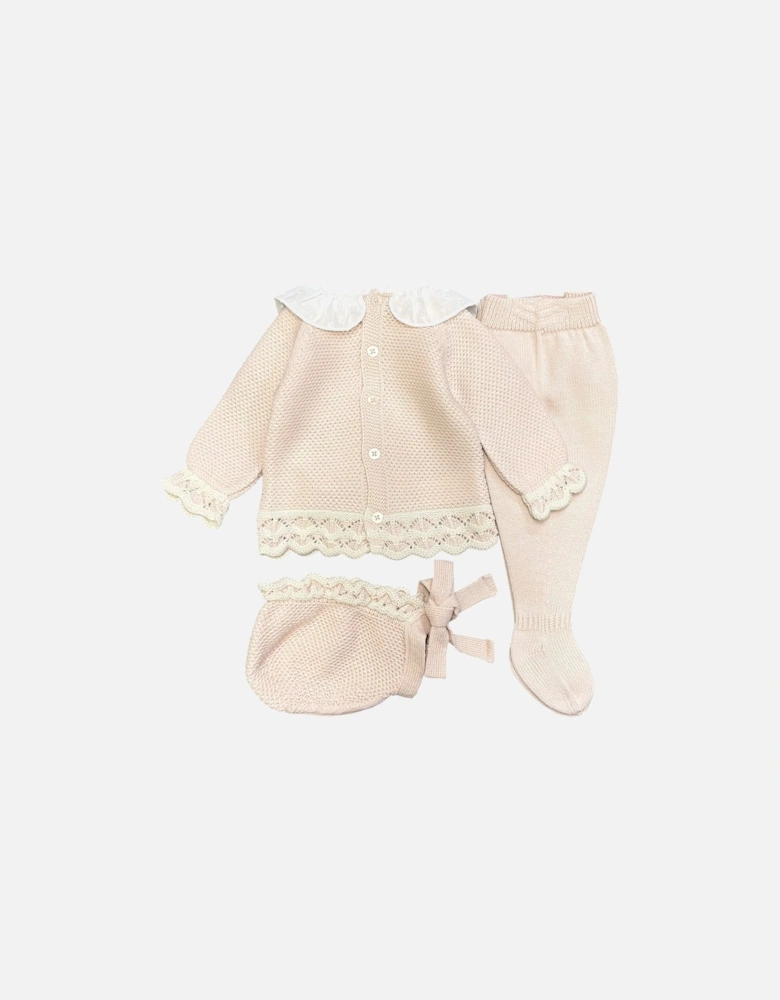 Girls Peach Pink Knit Bonnet Pant Set