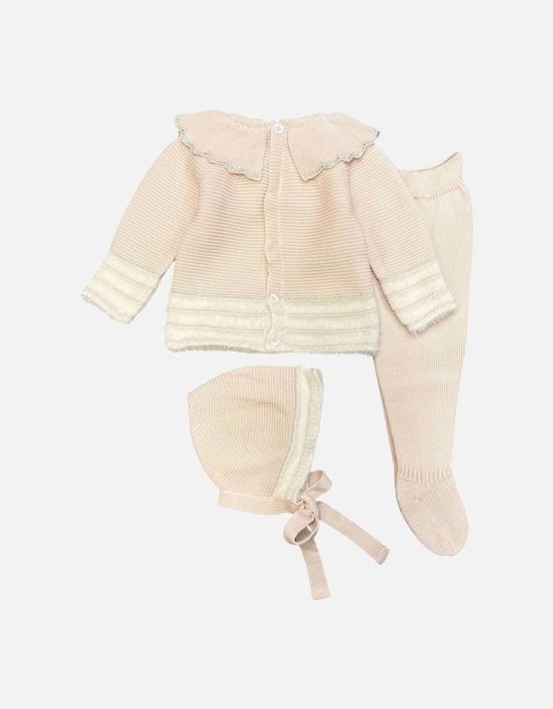 Girls Peach Pink Knit Bonnet Pant Set