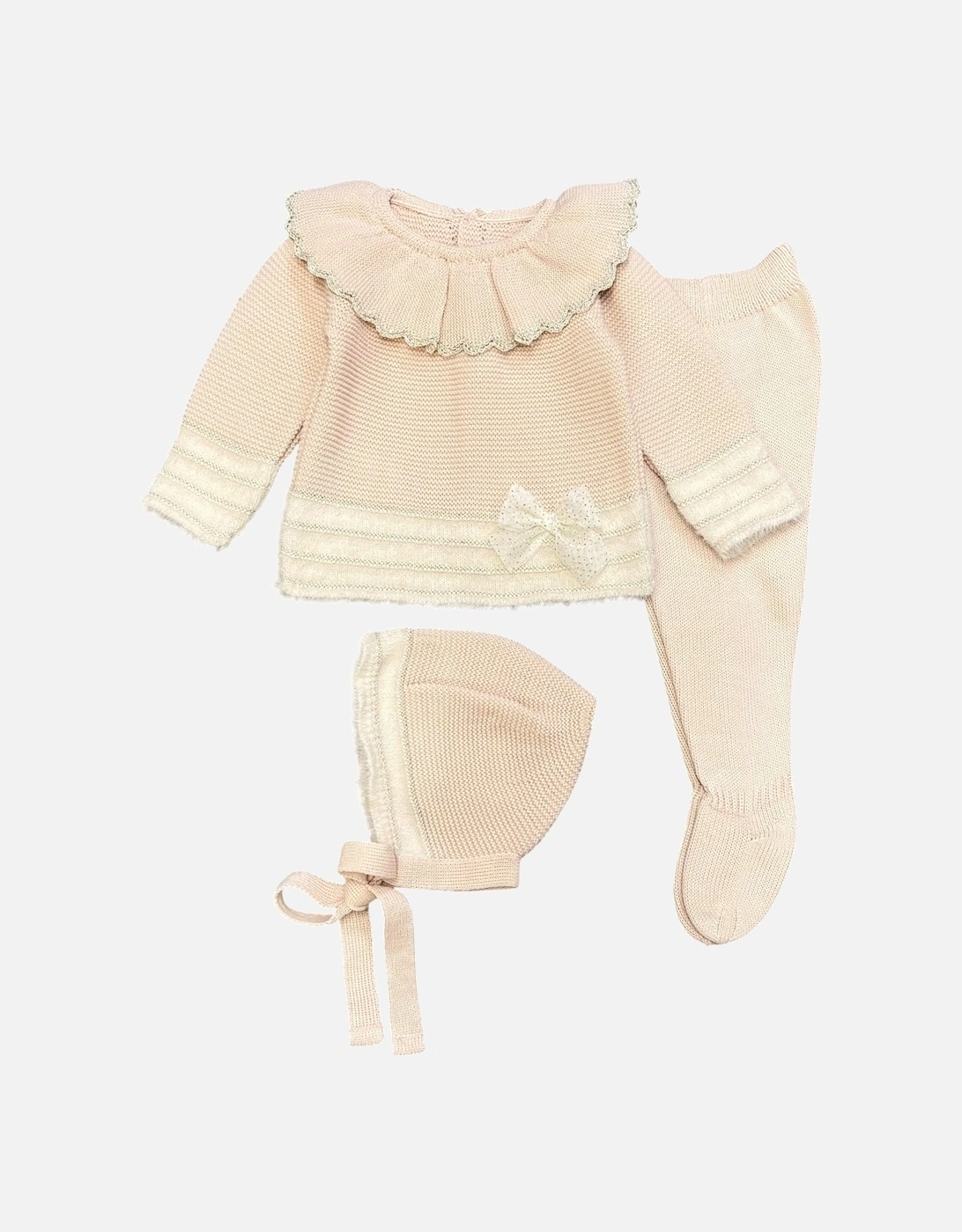 Girls Peach Pink Knit Bonnet Pant Set, 3 of 2