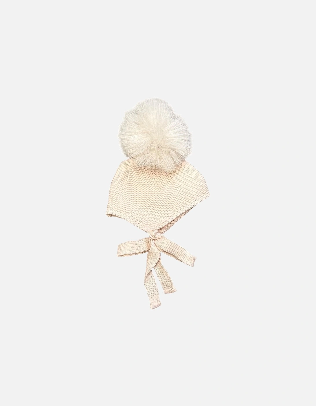 Girls Peach Pink Knit Fur Pom Tie Hat, 2 of 1