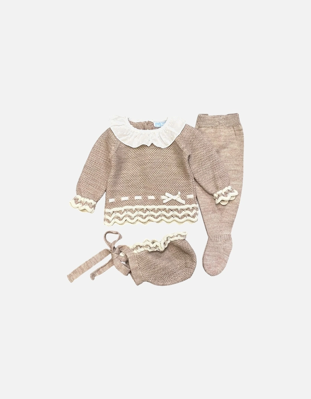 Girls Soft Brown Knit Bonnet Pant Set, 3 of 2