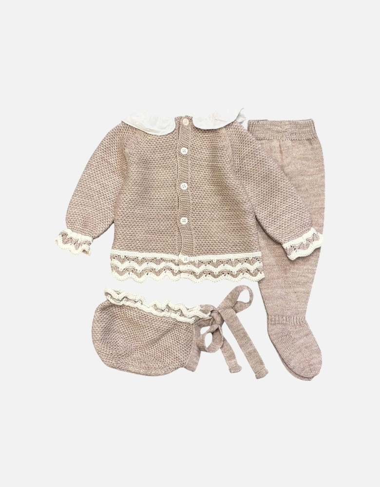 Girls Soft Brown Knit Bonnet Pant Set