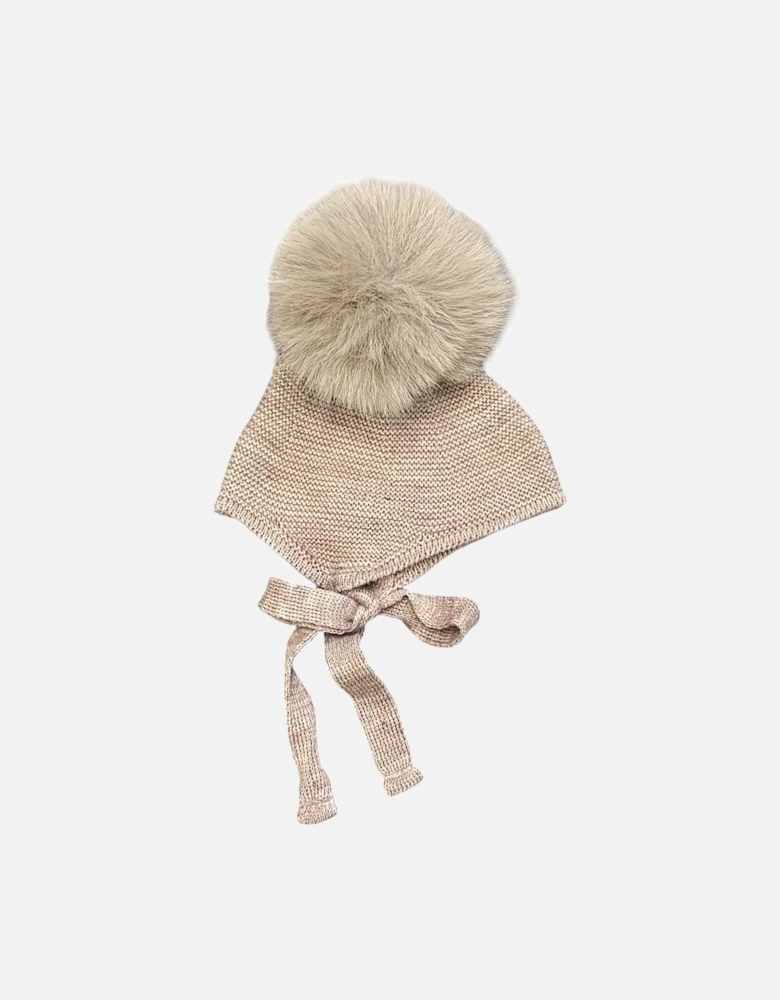 Soft Brown Knit Fur Pom Tie Hat
