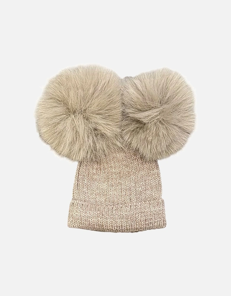 Soft Brown Knit Double Fur Pom Hat