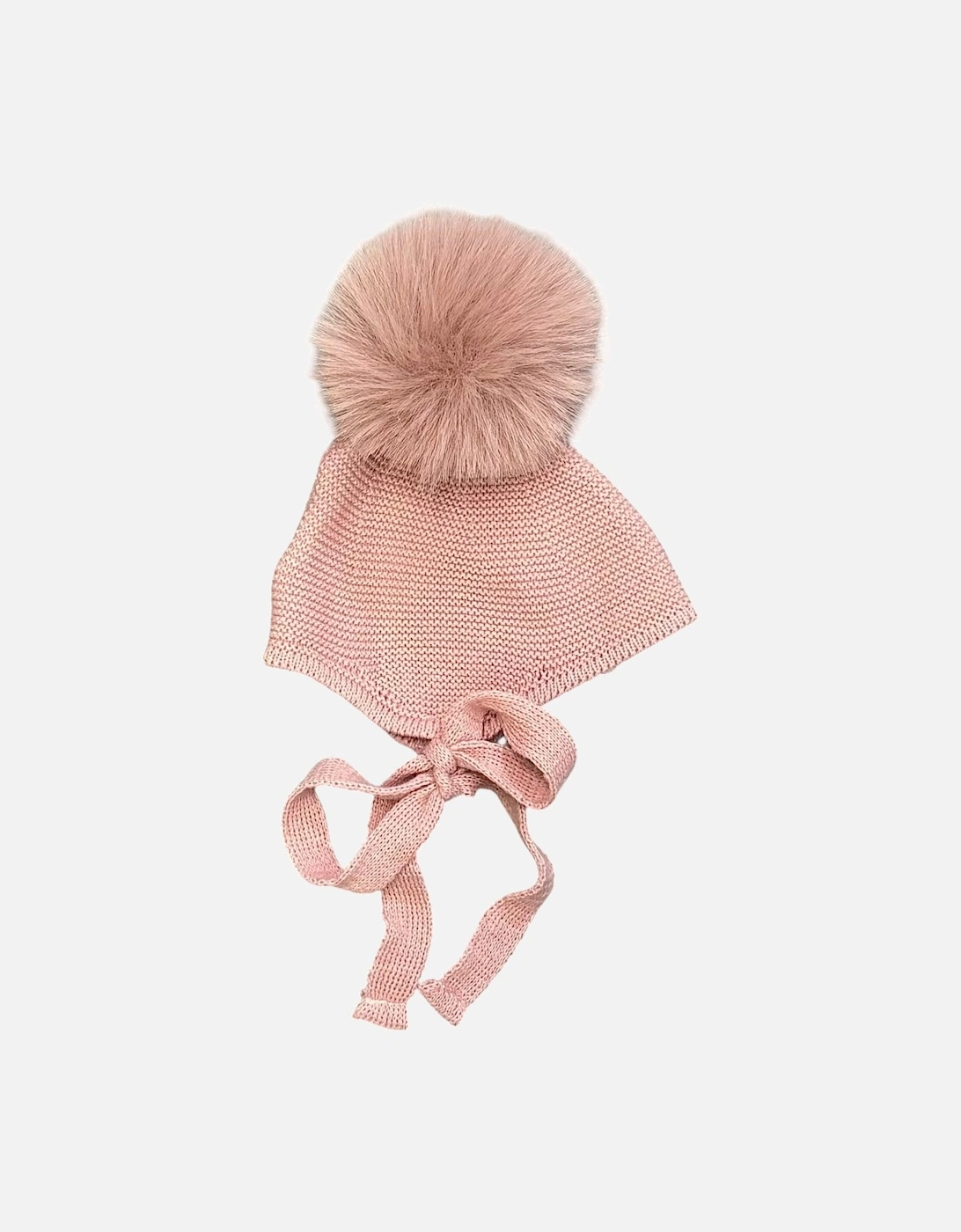 Girls Dusty Pink Knit Fur Pom Tie Hat, 2 of 1
