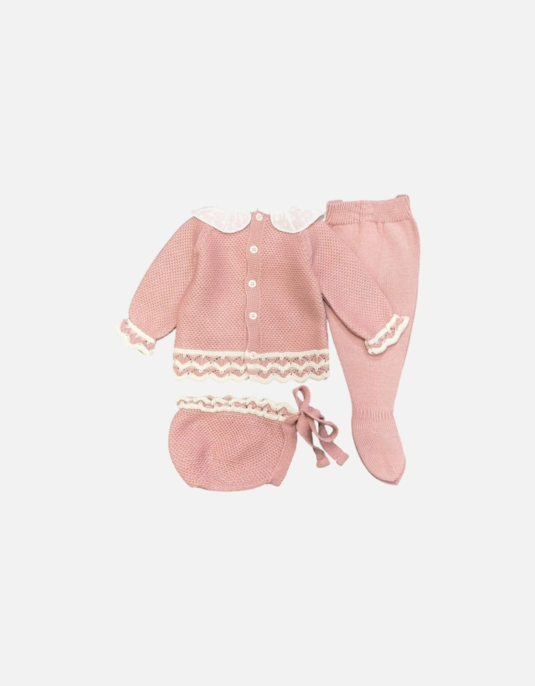 Girls Dusty Pink Knit Bonnet Pant Set