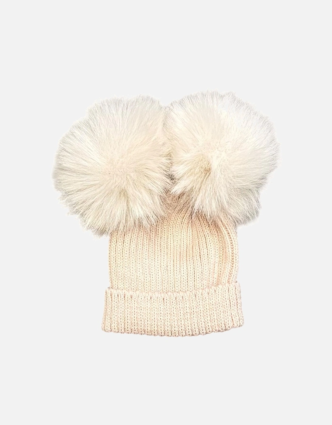 Girls Peach Pink Knit Double Fur Pom Hat, 2 of 1