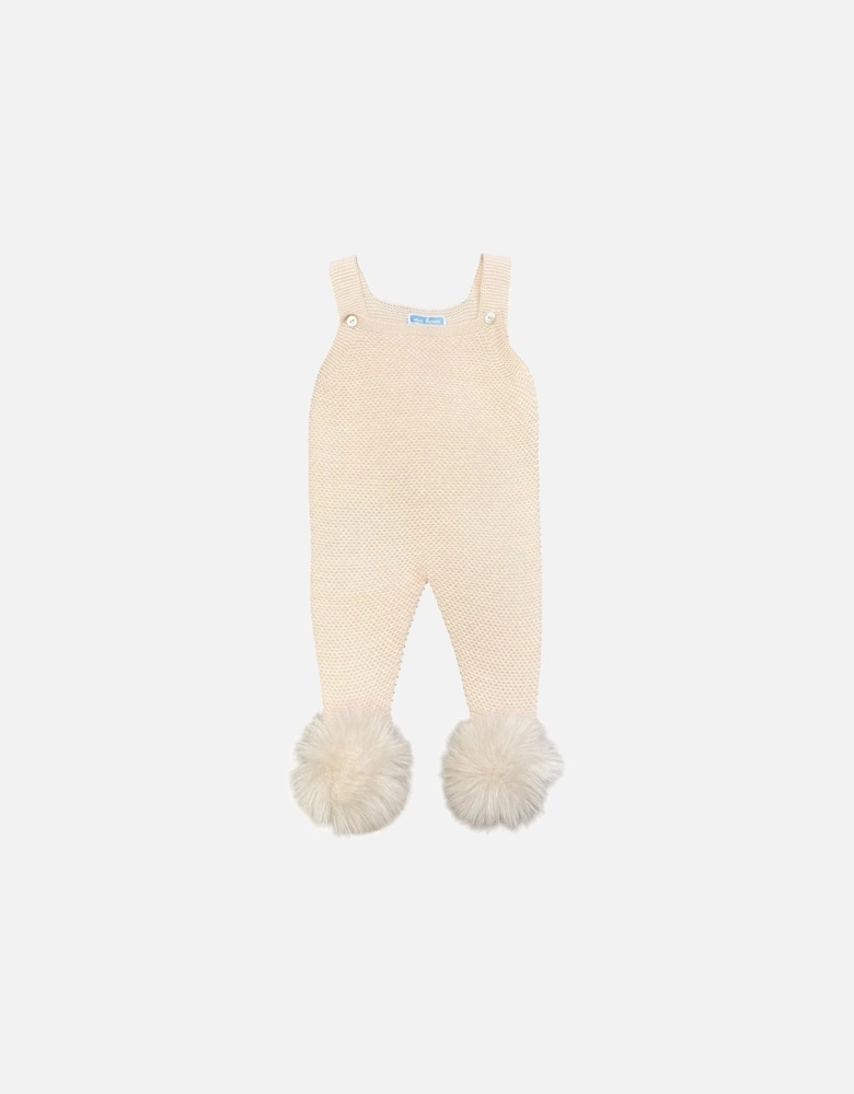 Girls Peach Pink Knit Fur Pom Dungarees