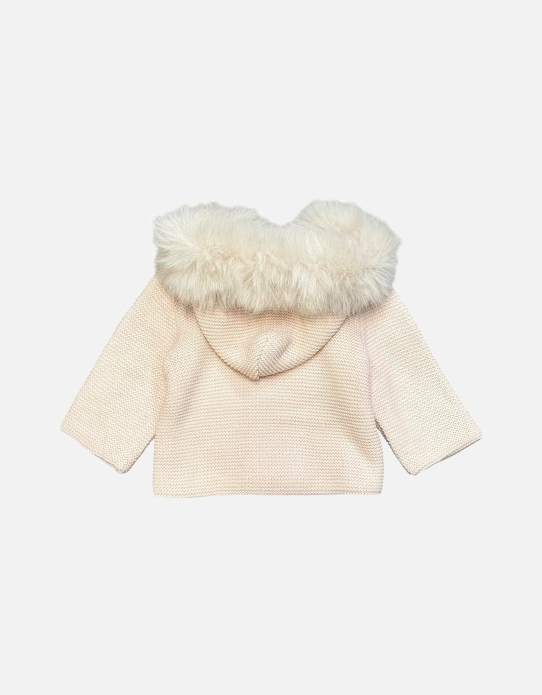 Girls Peach Pink Knit Fur Trimmed Cardigan