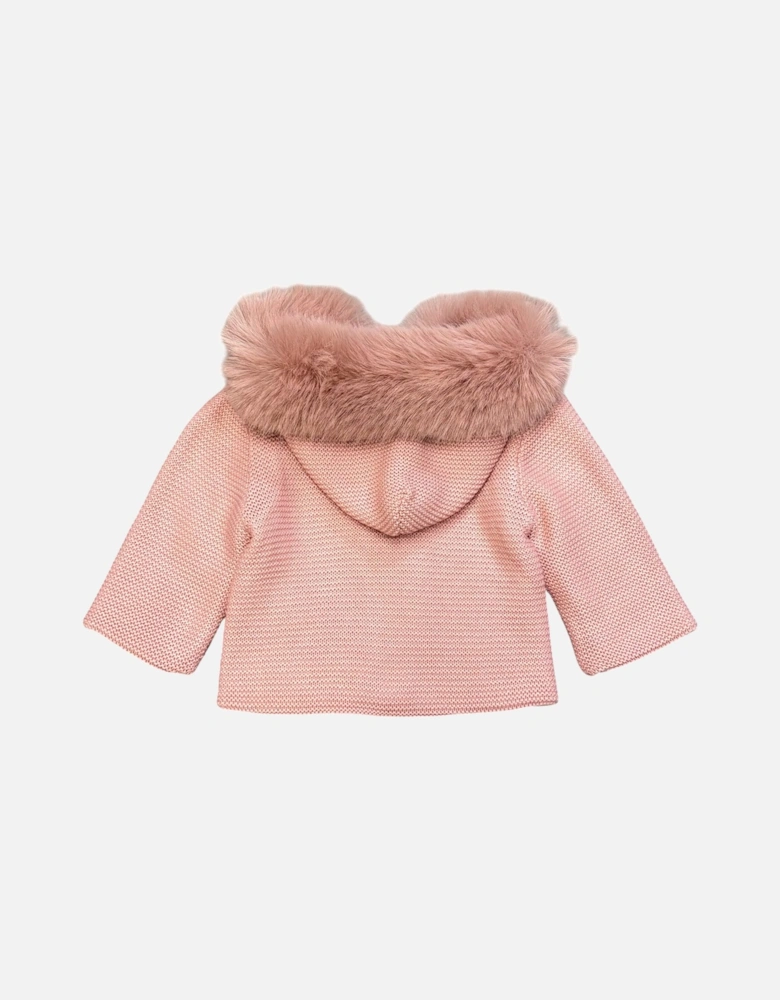 Girls Dusty Pink Knit Fur Trimmed Cardigan