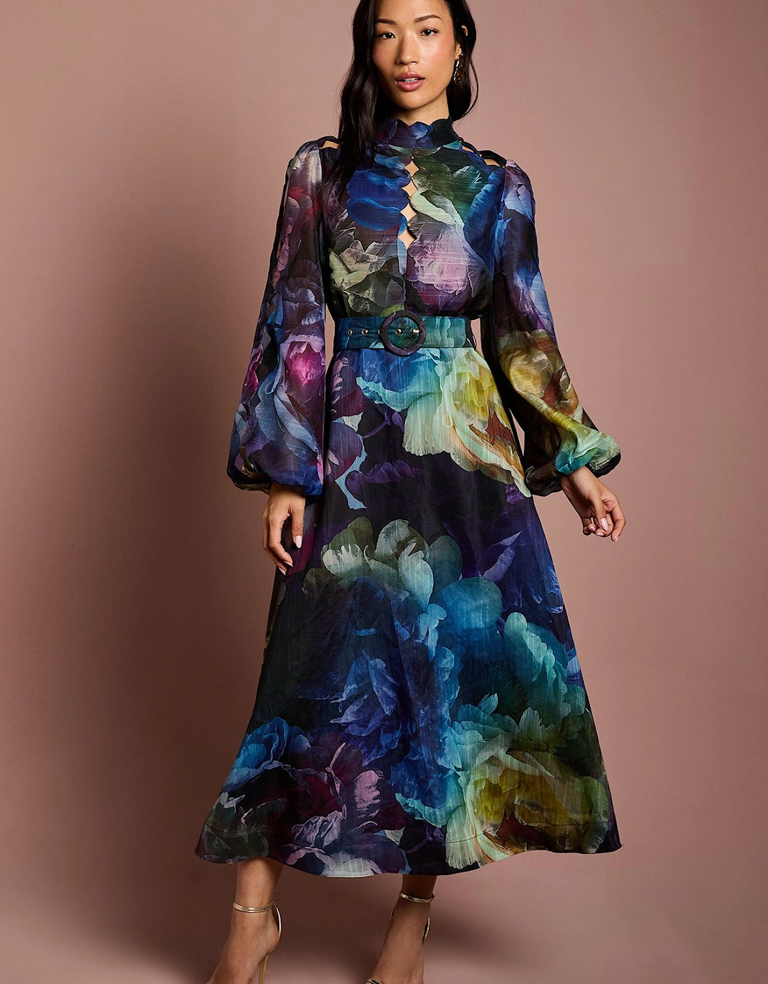 Long Sleeve Scallop Cut Out Detail Organza Midi Dress, 2 of 1