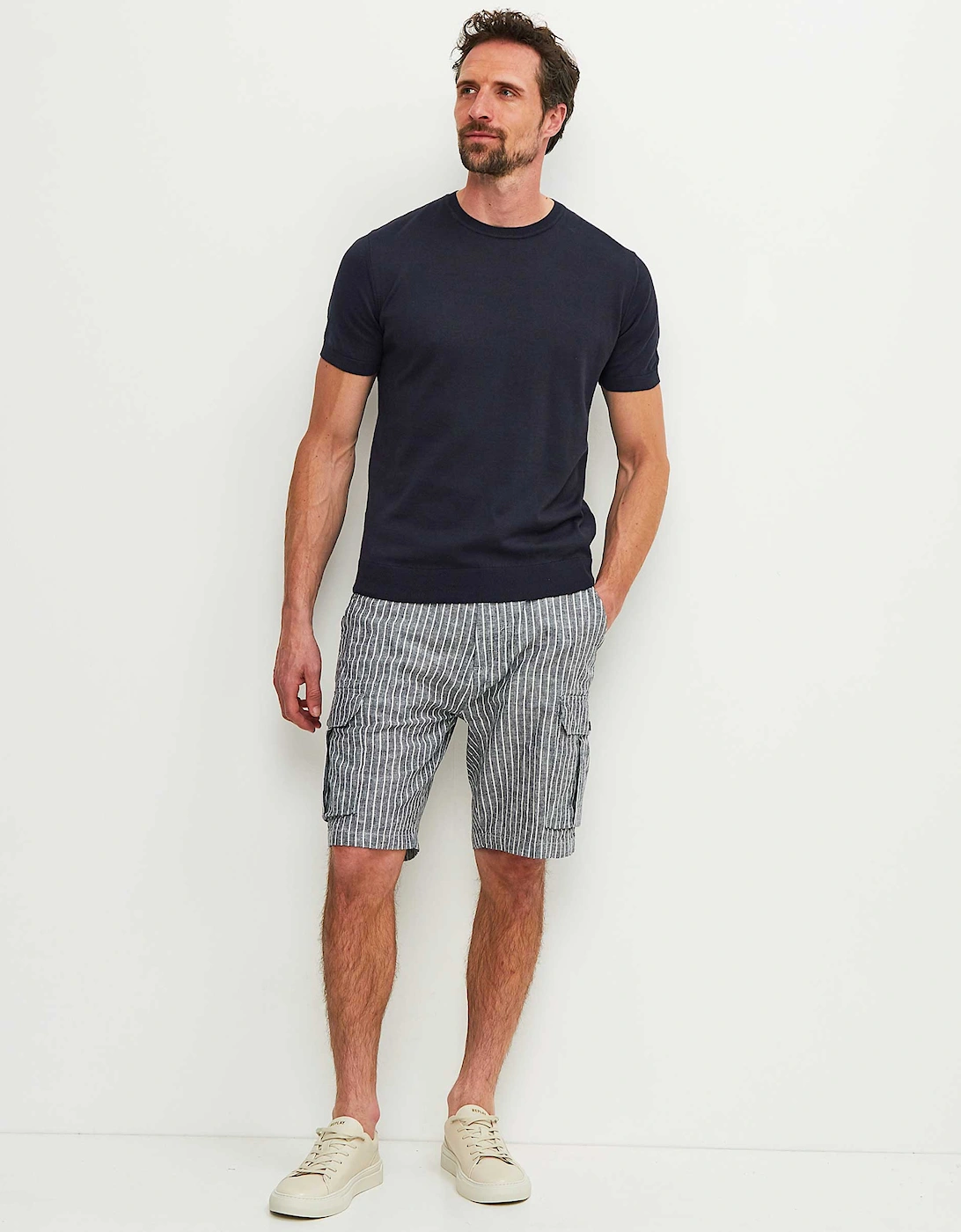 Linen Cotton Striped Cargo Shorts