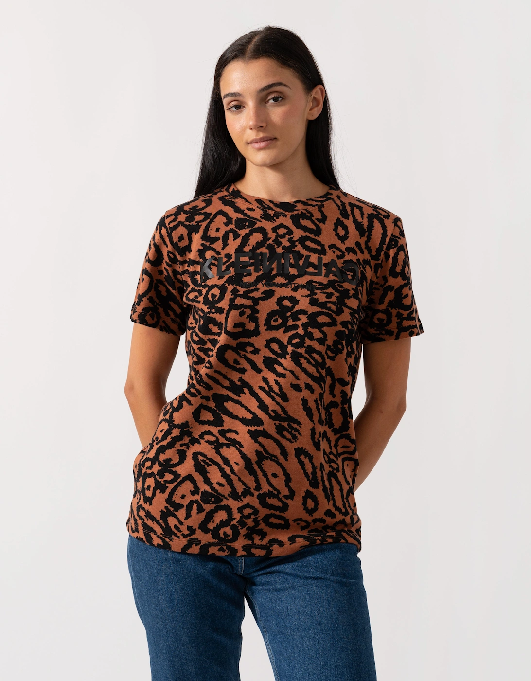 Women's Calvin Klein Wool Jacquard Leopard Womens Tee - Brown - Size: 10/8