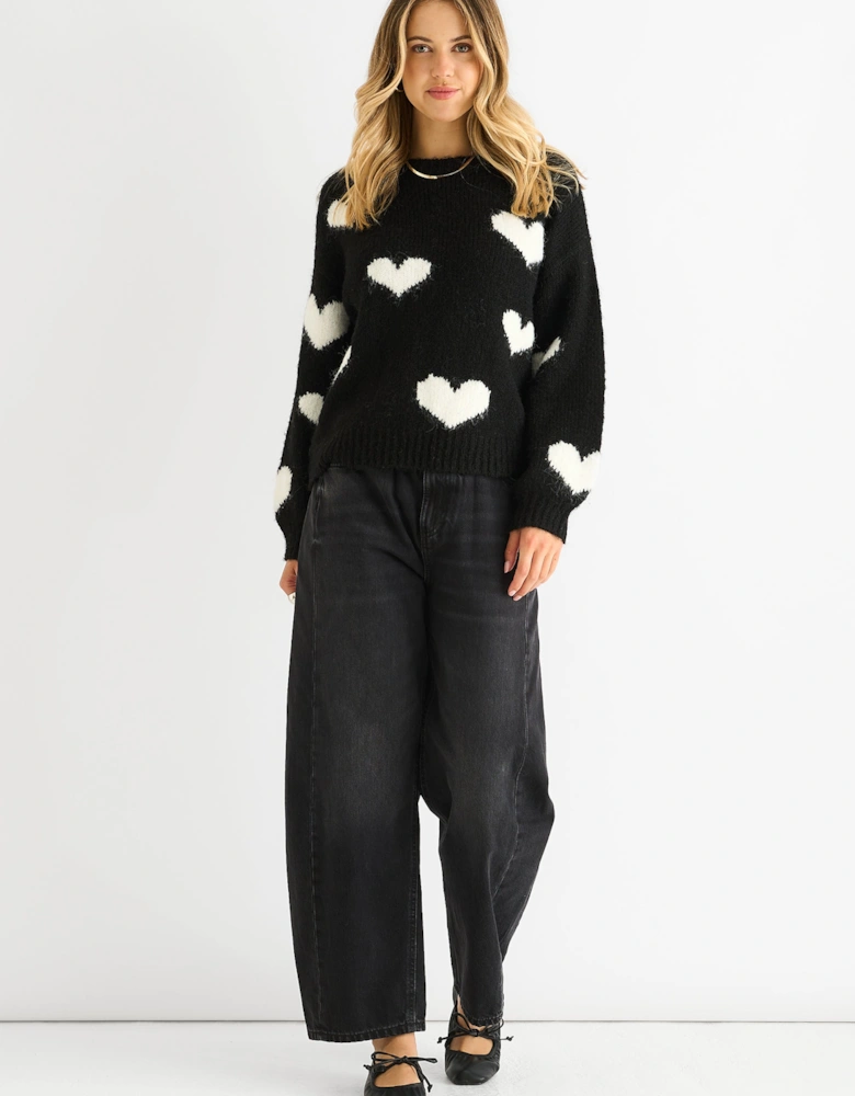 Black Contrast Heart Oversized Knit Jumper
