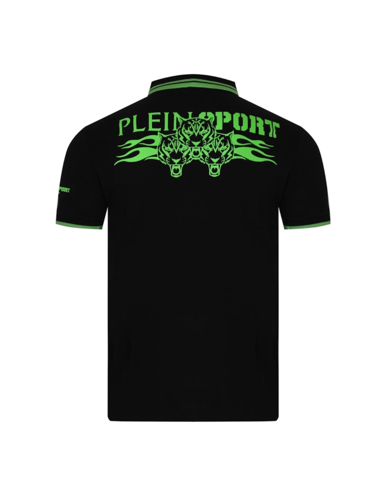 Plein Sport Twin Tipped Collar Tiger Design On Back Black Polo Shirt