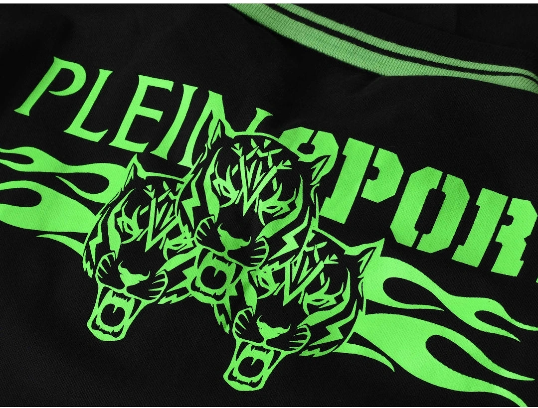 Plein Sport Twin Tipped Collar Tiger Design On Back Black Polo Shirt