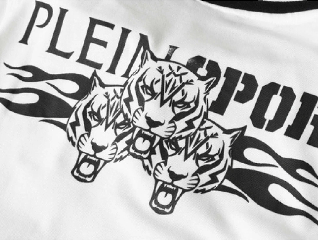 Plein Sport Twin Tipped Collar Tiger Design On Back White Polo Shirt