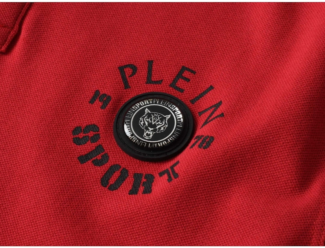 Plein Sport Twin Tipped Collar Tiger Design On Back Red Polo Shirt