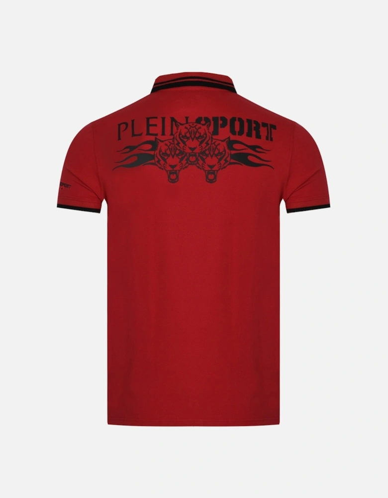Plein Sport Twin Tipped Collar Tiger Design On Back Red Polo Shirt