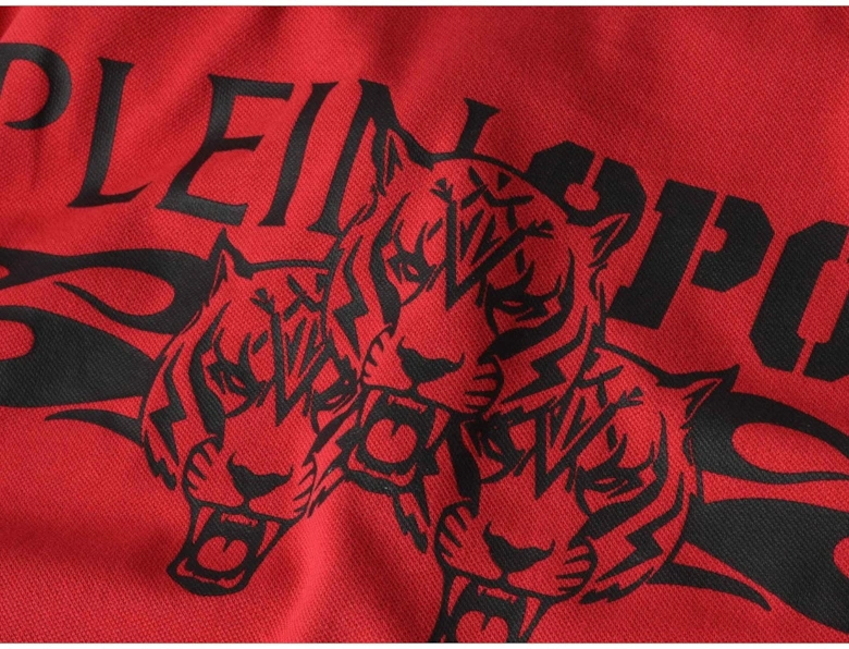 Plein Sport Twin Tipped Collar Tiger Design On Back Red Polo Shirt