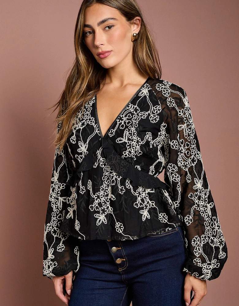 Embroidered Frill Blouse