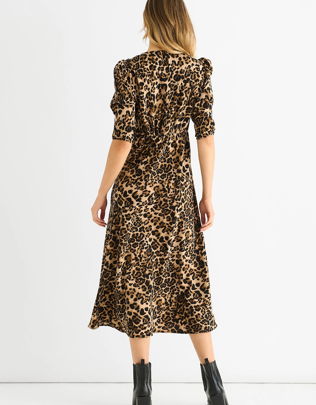 Brown Animal Print Satin Animal Shift Midi Dress