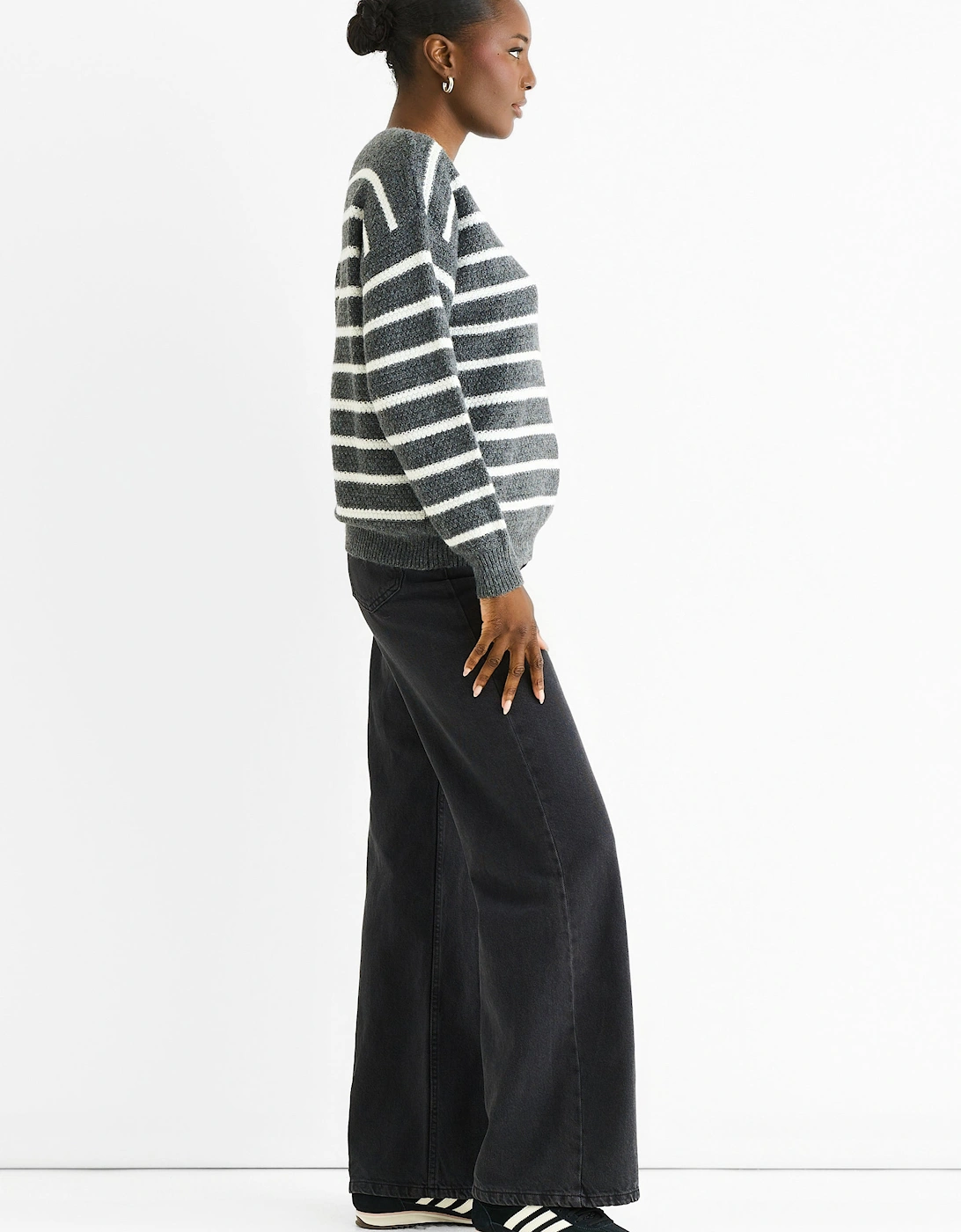 Grey Stripe Chunky Knit Oversized Jumper
