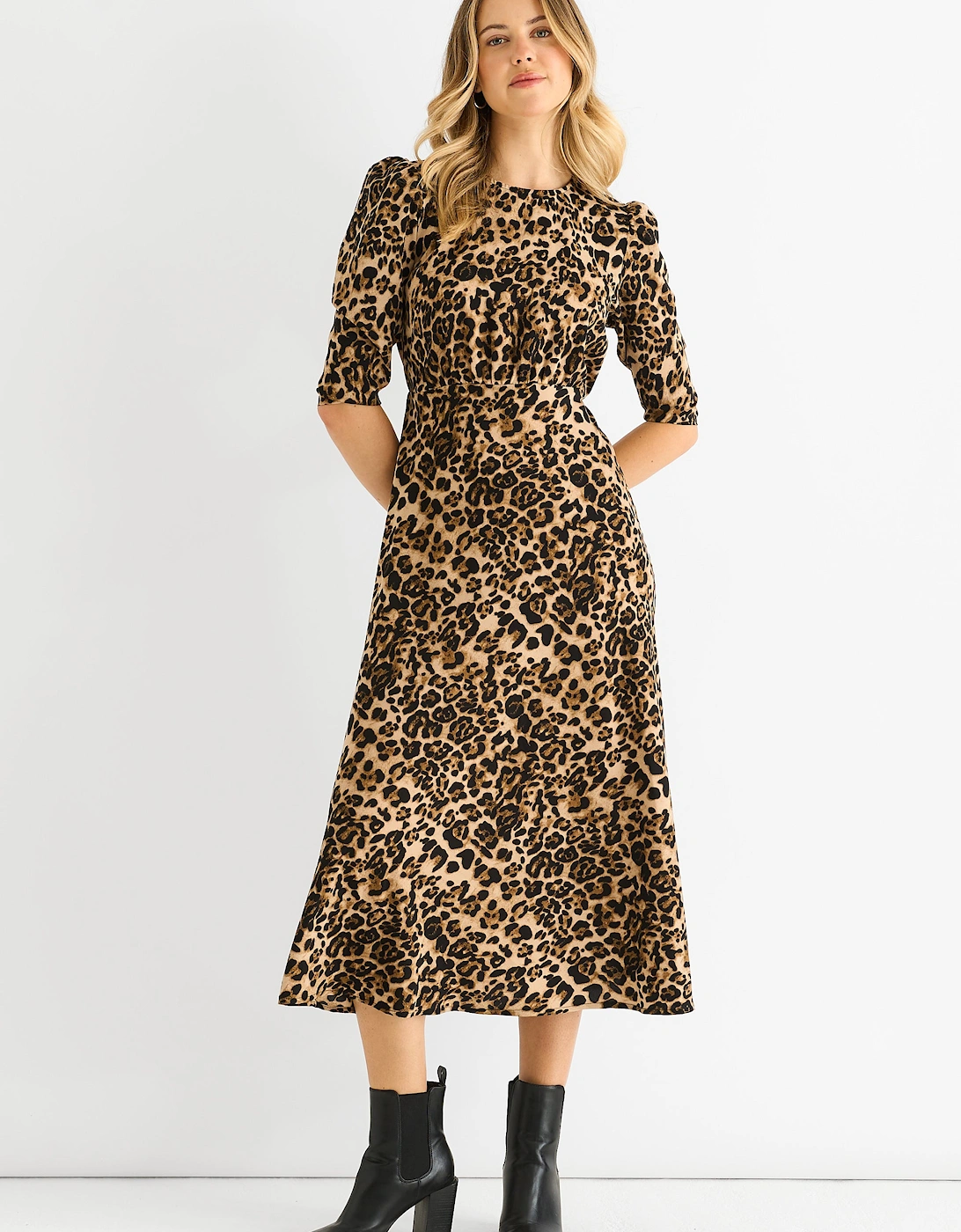 Gini London Women's Brown Animal Print Satin Animal Shift Midi Dress - : 14 Size 14