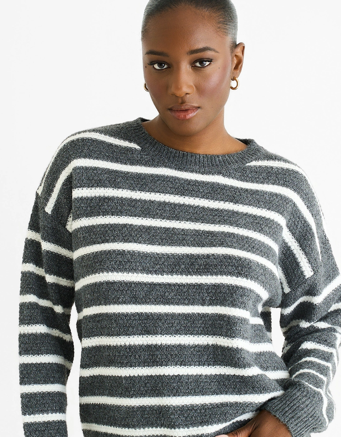 Gini London Women's Grey Stripe Chunky Knit Oversized Jumper - White - Size: 12/14
