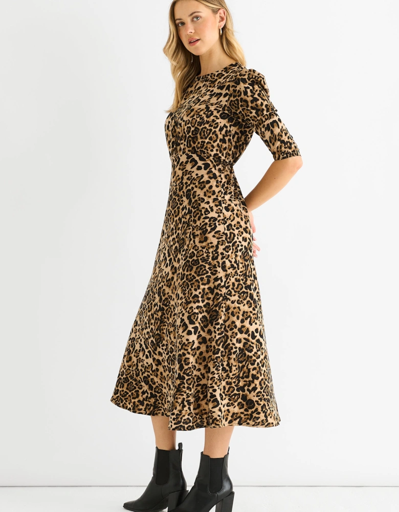Brown Animal Print Satin Animal Shift Midi Dress
