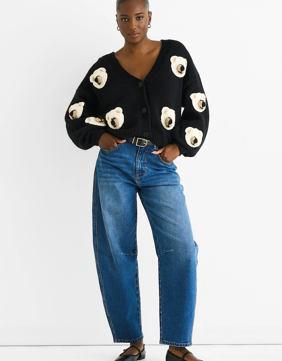 Gini London Gini London Women's Black 3D Contrast Teddy Crochet Cardigan