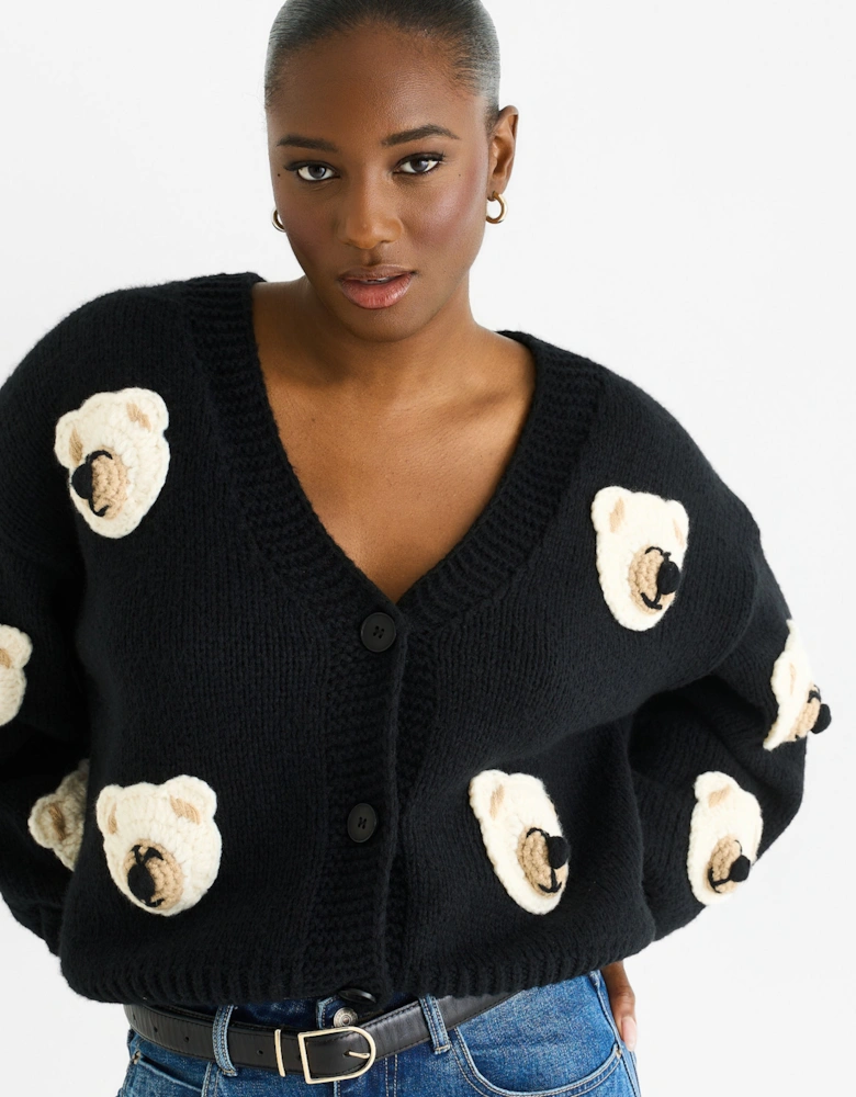 Black 3D Contrast Teddy Crochet Cardigan